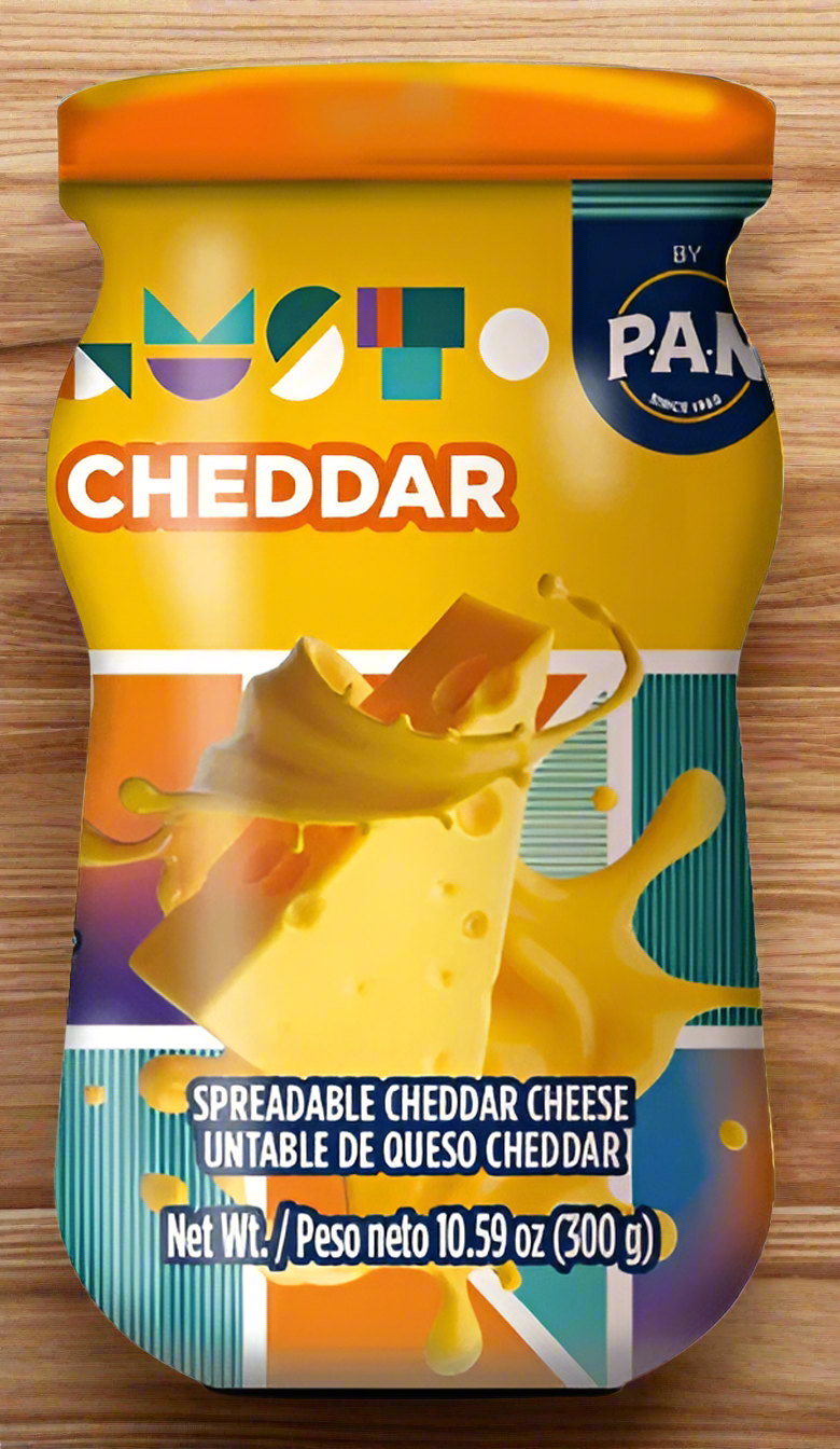 Jar of NESTO by Pan spreadable cheddar cheese with colorful label